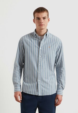 Giovane uomo con indosso una camicia a righe verticali blu e bianche e pantaloni scuri, in piedi contro uno sfondo chiaro e uniforme.