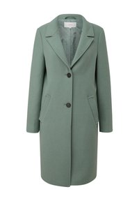 Manteau vert sauge mi-long, à simple boutonnage, avec des revers crantés, deux boutons à l'avant et des poches latérales inclinées, avec une doublure intérieure à motifs.