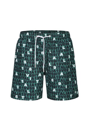 Dunkelgrüne Badeshorts mit einem durchgehenden Muster des Textes „ITALIA 1969“ in Schwarz und Weiß, mit weißem Kordelzugbund.
