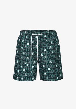 Donkergroene zwembroek met een all-over patroon van de tekst "ITALIA 1969" in zwart en wit, voorzien van een witte trekkoord in de taille.