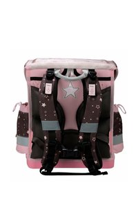 Zainetto per bambini rosa e marrone con motivi a stella, tessuto a rete, spallacci regolabili e tasche laterali. Presenta una maniglia per il trasporto sulla parte superiore.