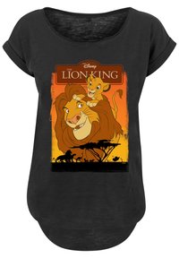 Svart t-skjorte med rund hals som har en Disney "Løvenes konge" grafikk, som fremhever Simba og Mufasa mot en oransje solnedgang.