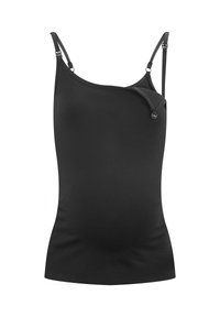Camiseta negra sin mangas con tirantes ajustables, confeccionada en una suave tela elástica, con una abertura de lactancia discreta y un corte ajustado.