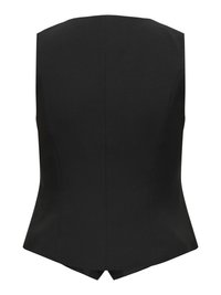 Black sleeveless top with a fitted design, curved hem, and back vent detail. Made of smooth fabric with a structured silhouette.