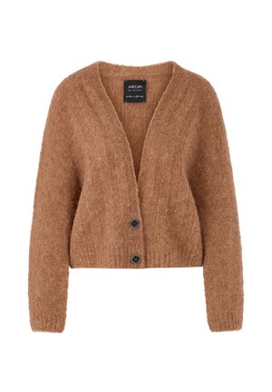 Brown cardigan in fuzzy texture with long sleeves and a V-neckline. Features two black buttons at the front. Cropped design.