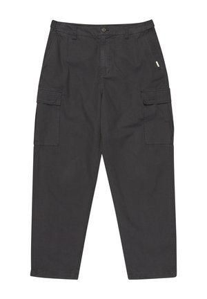 Schwarze Cargo-Hosen mit lockerer Passform, die über mehrere Taschen, einen Knopfverschluss und einen strukturierten Stoff verfügen.
