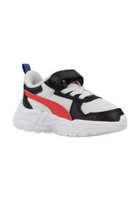 Sneaker bianco e nero con dettagli rossi, tomaia in tessuto a rete, suola in gomma, design con lacci e cintura regolabile per una vestibilità sicura.