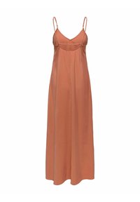 Robe longue terracotta sans manches avec bretelles spaghetti et détail tressé sur la poitrine, réalisée en tissu léger et fluide.