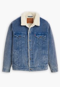 Denim jacket featuring a light blue color, shearling collar, two chest pockets, and button closure. Textured fabric with vertical seams.