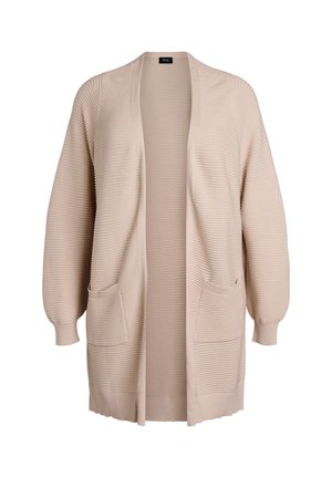 Beige värillinen ribbineulottu neuletakki, jossa pitkät hihat, avoin edusta ja kaksi etutaskua. Valmistettu pehmeästä kankaasta ja siinä on rento, mukava istuvuus.