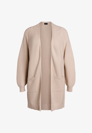 Smėlio spalvos megztukas su iškiliais dryžiais, ilgomis rankovėmis, atviru priekiu ir dviem priekinėmis kišenėmis. Pagamintas iš minkštos medžiagos, suteikiančios laisvą ir patogų krūvį.