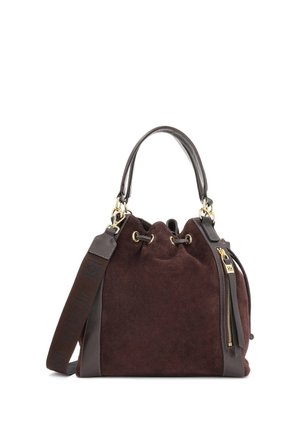 Brown suede bucket handbag with black leather handles, gold-tone zipper, and a detachable dark brown branded shoulder strap.