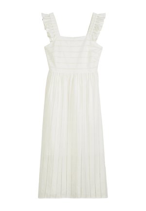 Witte mouwloze midijurk met vierkante halslijn, gerimpelde bandjes en een verticale ajourstreep motief.