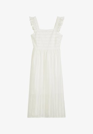 Weißes ärmelloses Midikleid mit quadratischem Ausschnitt, Rüschen-Trägern und vertikalem Lochstickerei-Streifenmuster.