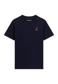 Marineblauwe katoenen t-shirt met een klein geborduurd berenafbeelding en tekst, ronde halslijn en korte mouwen.