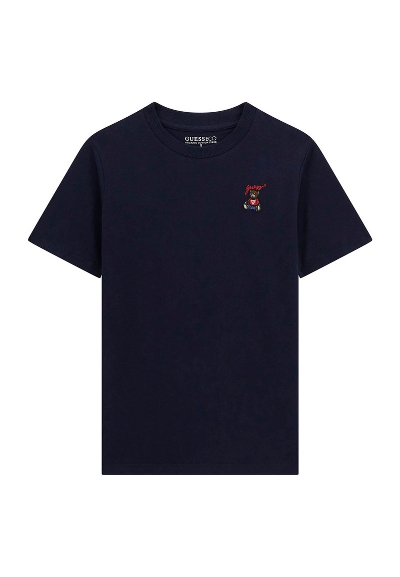 Marineblauwe katoenen t-shirt met een klein geborduurd berenafbeelding en tekst, ronde halslijn en korte mouwen.