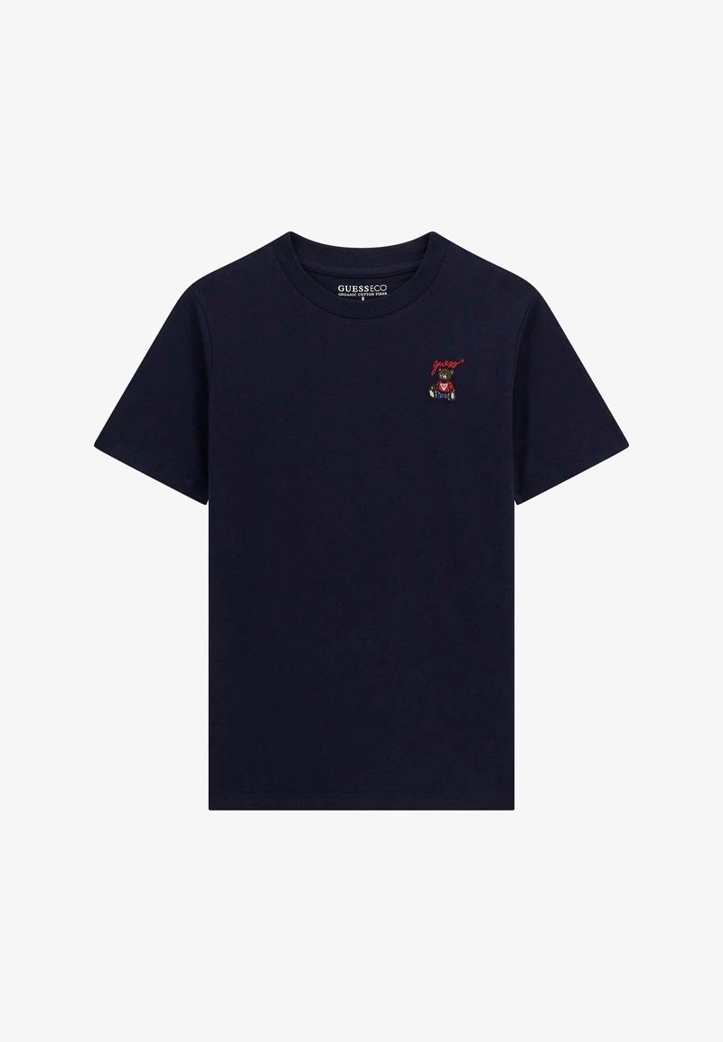 Navy blue cotton t-shirt featuring a small embroidered bear graphic and text, crew neckline, and short sleeves.