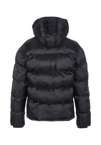 Sort pufferjakke med hætte, der har et quiltet design, tyk polstring og elastiske manchetter. Glat, shiny yderside.