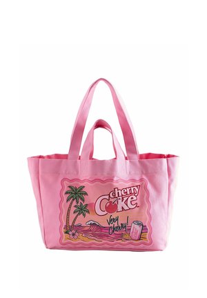 Roze tote tas met het Cherry Coke-logo, palmbomen, strandgolven en de tekst "Very Cherry!" met een illustratie van een frisdrankblikje.