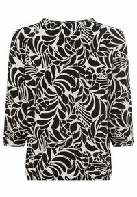 Schwarz-weiße Bluse mit einem Blättermuster, rundem Ausschnitt, drei Viertelärmeln und lockerer Passform mit gerafftem Saum.