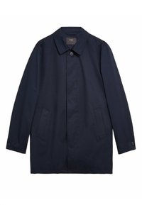 Abrigo de hombre en navy oscuro, de corte sencillo y con cuello en punta, con tapeta de botones oculta, bolsillos laterales y puños con botones.