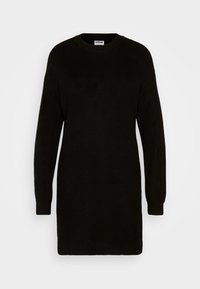 Robe pull noire en tricot avec un col rond, des manches longues et des bords côtelés. Présente un motif de tricot texturé et épais.