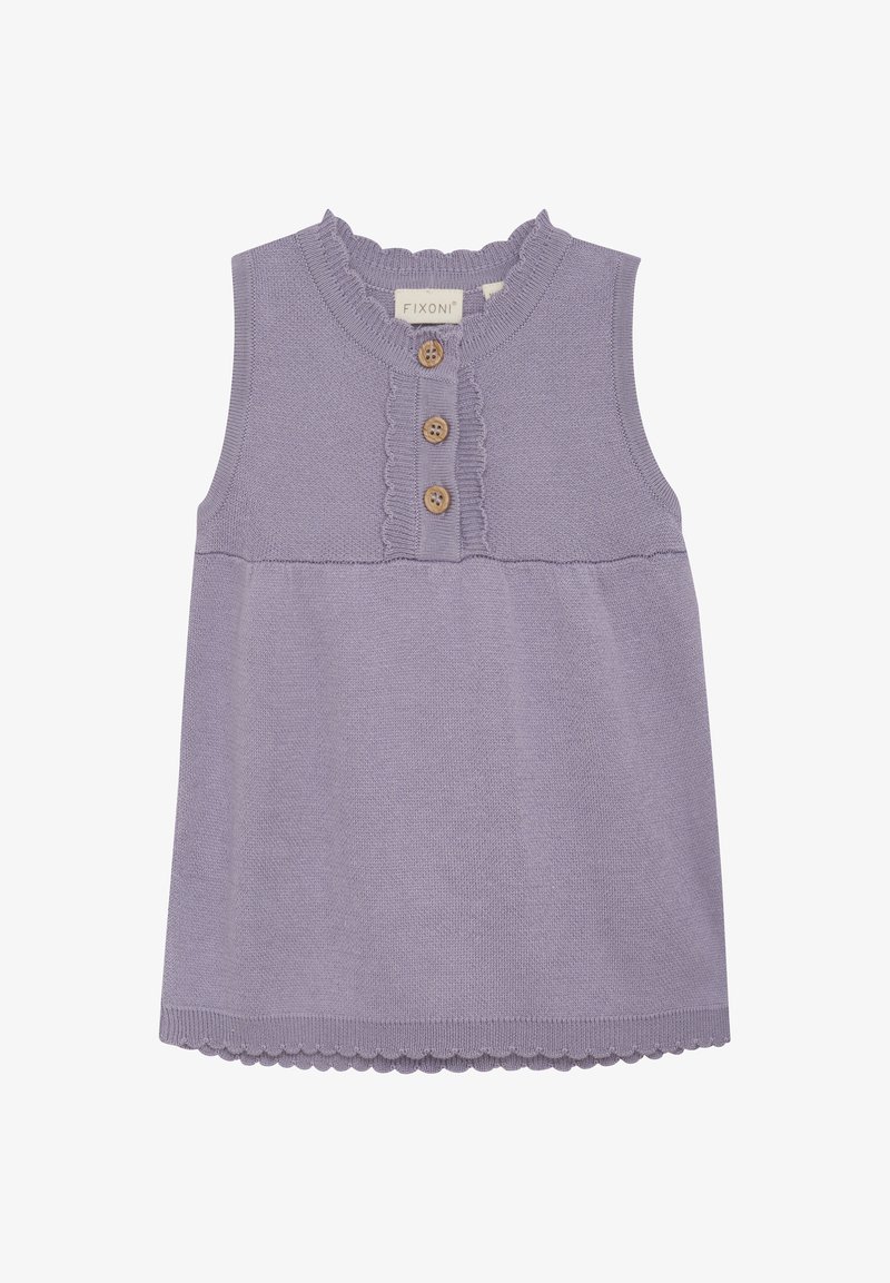 Ärmelloses, lavendelfarbenes Strickoberteil mit einem gewellten Ausschnitt, drei Holzknöpfen vorne und einem ausgestellten Saum mit gewelltem Rand.