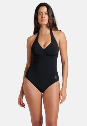 Costume intero nero con scollo all'americana, busto arricciato, aperture sulle gambe ad alta linea e dettaglio sottile del logo in basso a destra. Texture liscia.