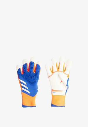 Doelmannenhandschoenen met blauwe mesh stof, palm van witte latex, oranje accenten en een gestructureerde grip. Beschikt over vingerbescherming en een strakke pasvorm.