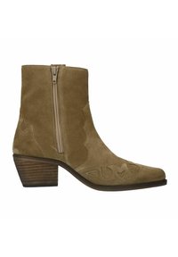 Beige suede ankle boot with a side zipper, pointed toe, and decorative scalloped stitching. Block heel with a wood-like texture.