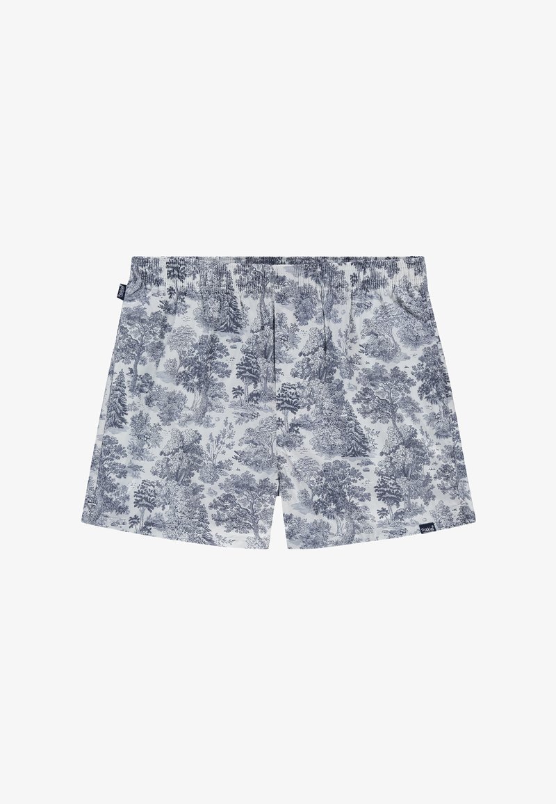 Boxers pour hommes à taille élastique avec un motif détaillé en noir et blanc représentant des arbres de forêt et de petites étiquettes de marque sur les côtés.