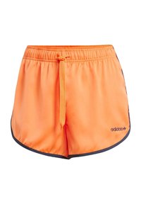 Orange athletic shorts with an elastic waistband, drawstring, navy side trim, and an embroidered logo on the left leg.