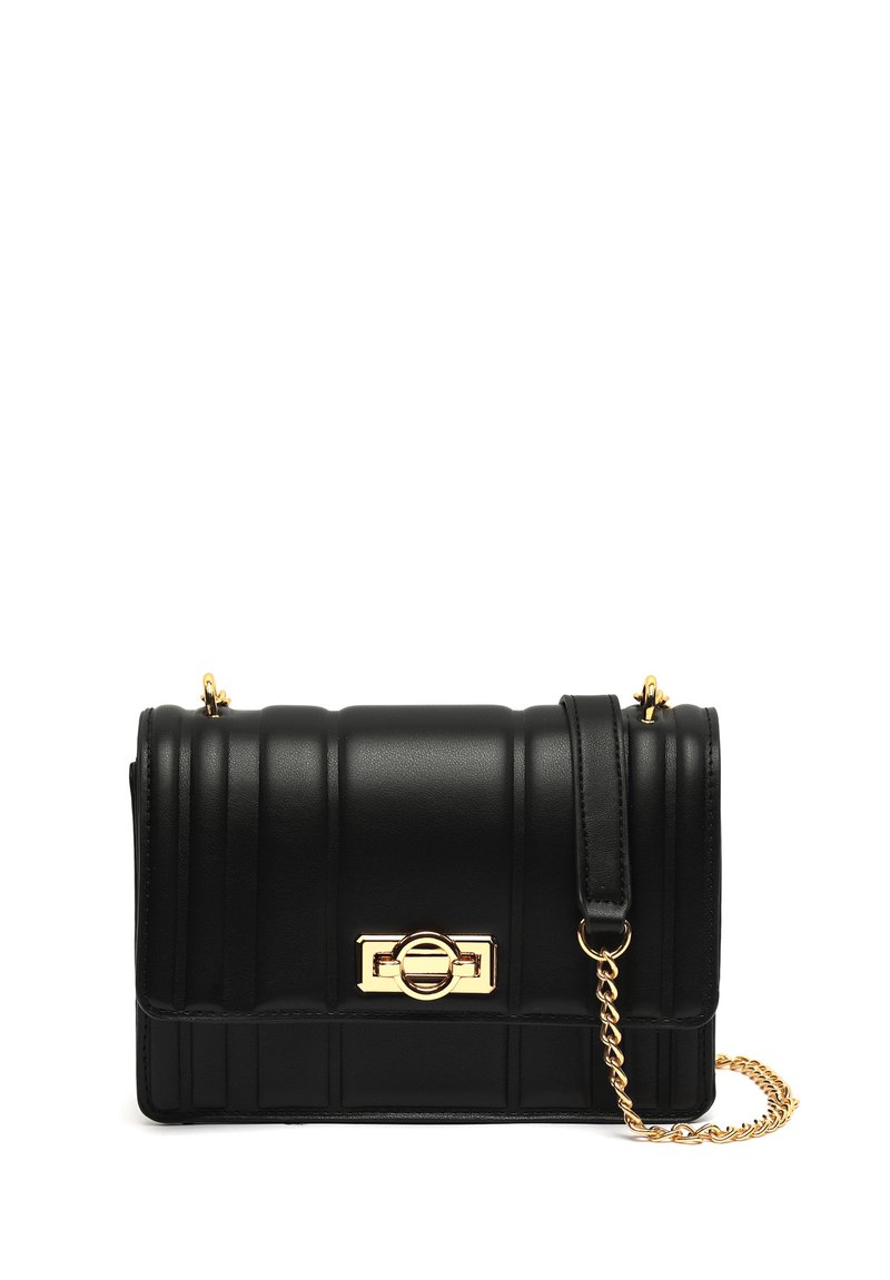 Borsa a tracolla nera in pelle con texture trapuntata, accessori in oro e tracolla a catena. Forma rettangolare con chiusura a clip.