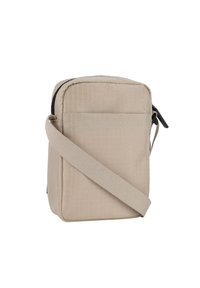 Borsa a tracolla beige con tessuto testurizzato, forma rettangolare, chiusura con zip e tracolla regolabile. Presenta una tasca frontale e dettagli neri.