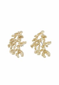 Örhängen i guldton med ett korallinspirerat mönster, med texturerade, organiska former och en polerad yta. Säkert post-baksystem.