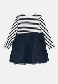 Φόρεμα μακρυμάνικο για κορίτσια με μπλε-σκούρο και άσπρο οριζόντιες ρίγες πάνω μέρος και φούστα από μπλε-σκούρο τούλι.