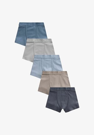 Fem par herre boxer briefs i blå, grå, lyseblå, beige og mørkegrå, arrangeret i en diagonal linje.