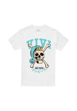 Weißes T-Shirt mit einem Totenkopf, der eine Krone und ein blaues Bandana über gekreuzten Knochen trägt, mit dem Text "VIVI" und "ONE PIECE" auf Englisch und Japanisch.