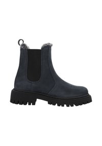 Donkerblauwe suède enkellaarzen met een zwart elastisch zijpaneel en nep bont rand. Dikke zwarte rubberen zool met een gestructureerd grip patroon.