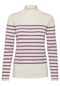 Suéter de cuello alto de manga larga en color crema con rayas púrpuras horizontales. Fabricado con un tejido suave y textura acanalada en el cuello.