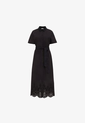 Robe noire à boutons avec manches courtes, ceinture à la taille et broderies décoratives en bas. Fabriquée en tissu léger.