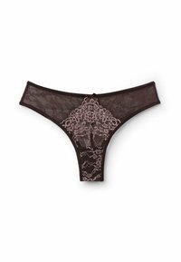 Bruine kantstring met roze bloemenpatronen, een strikaccent aan de achterkant en een semi-doorzichtig gaasontwerp. Zacht en lichtgewicht materiaal.