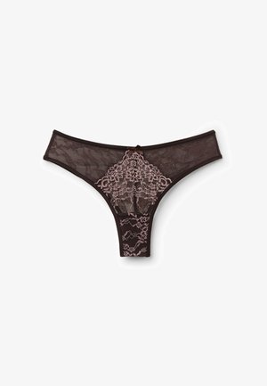 Brown lace thong featuring pink floral patterns, a bow accent at the back, and a semi-transparent mesh design. Soft and lightweight material.