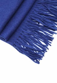 Sciarpa di lana blu con una texture morbida, bordi frangiati e una finitura liscia, piegata ordinatamente per mettere in risalto il suo ricco colore.