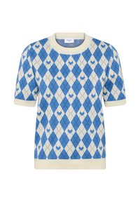 Kötött pulóver váltakozó kék és fehér árnyalatú argyle mintával, rövid ujjakkal és bordázott szegélyű, kerek nyakkivágással.