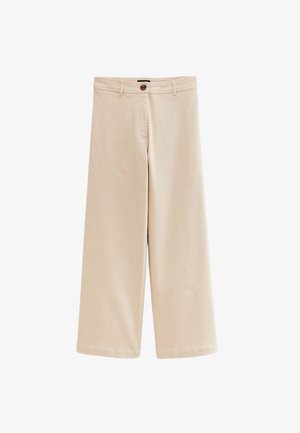 Pantalons larges beiges en coton, dotés d'une fermeture à bouton, de poches avant et d'une texture lisse. Sans motifs ni embellissements.
