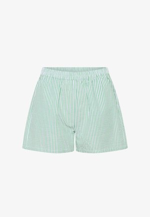 Zelené a biele pruhované bavlnené šortky s elastickým pásom a uvoľneným strihom. Obsahujú vertikálne pruhy a jednoduchý, neformálny dizajn.