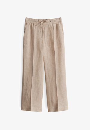 Pantaloni in lino beige con vestibilità ampia, cintura elastica, dettaglio con cordino e tasche laterali. Il tessuto presenta una consistenza sottile.