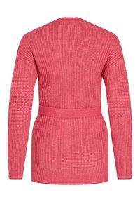 Cardigan tricoté à manches longues et devant ouvert en rose vif. Présente une texture côtelée et une ceinture assortie à la taille. Coupe confortable et décontractée.