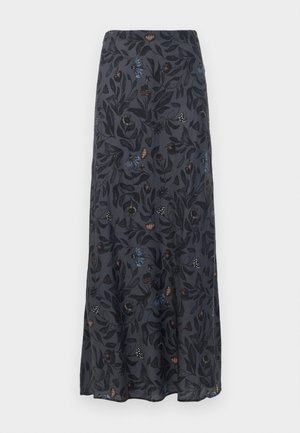 Maxi-Rock aus dunklem Stoff mit floralem Muster in Blau, Orange und Weiß. Hat einen figurbetonten Bund und eine fließende Silhouette.